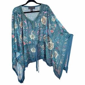 Colleen Lopez Sheer Floral Boho Tunic Top XL Flowy Sleeve Blouse fairy whimsy